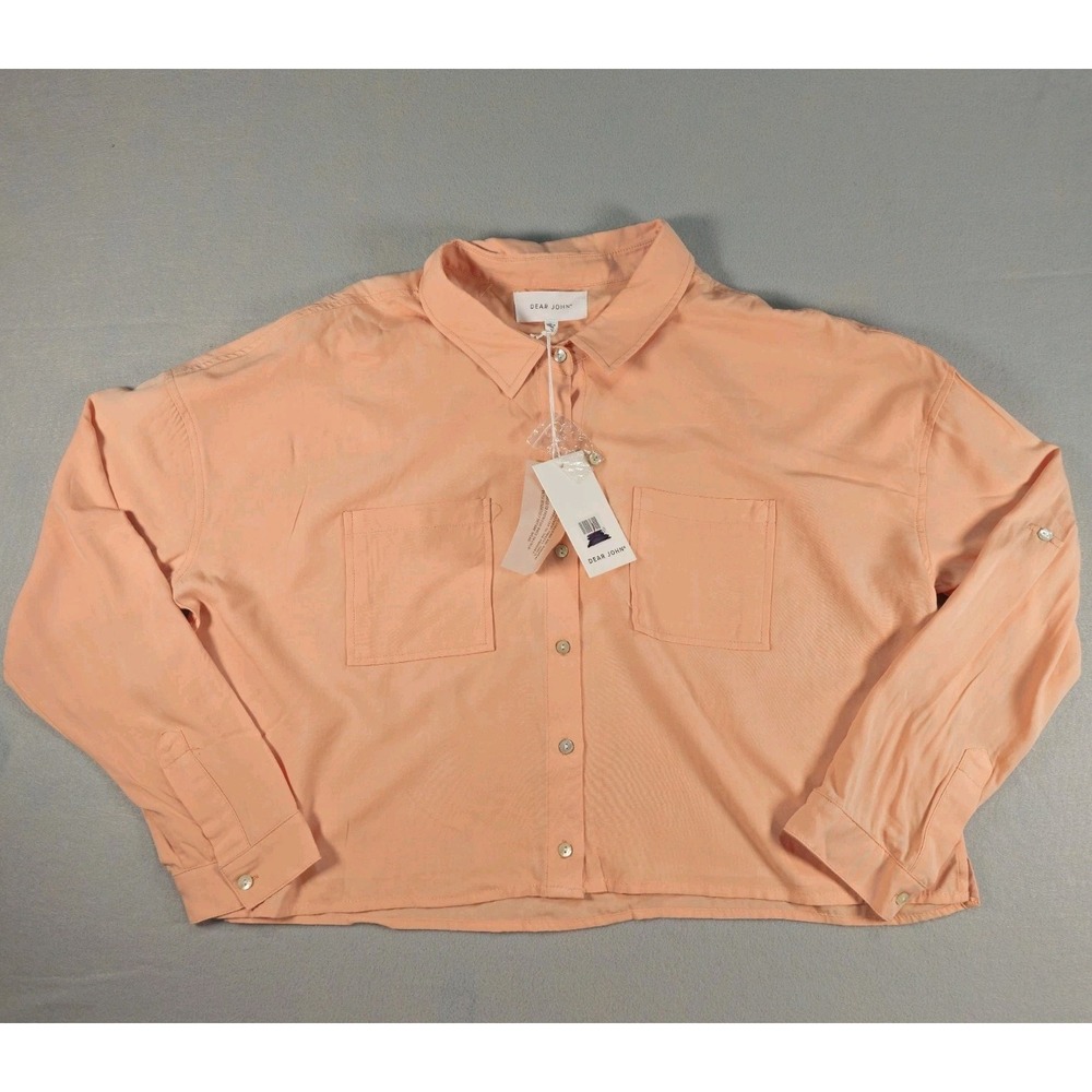 Dear John Women's Medium Peach Coral Cropped Button Down Shirt Rayon‎ NWT